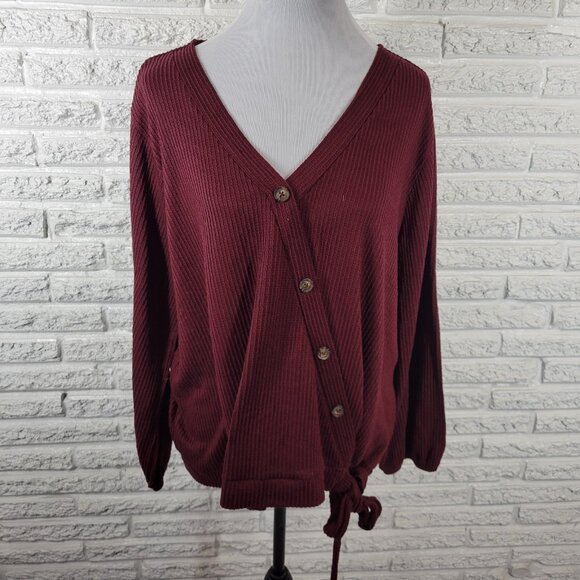 Fred David Womens Sweater 3X Plus Cardigan Ribbed Burgundy Tied Front BUR18E - Picture 1 of 10